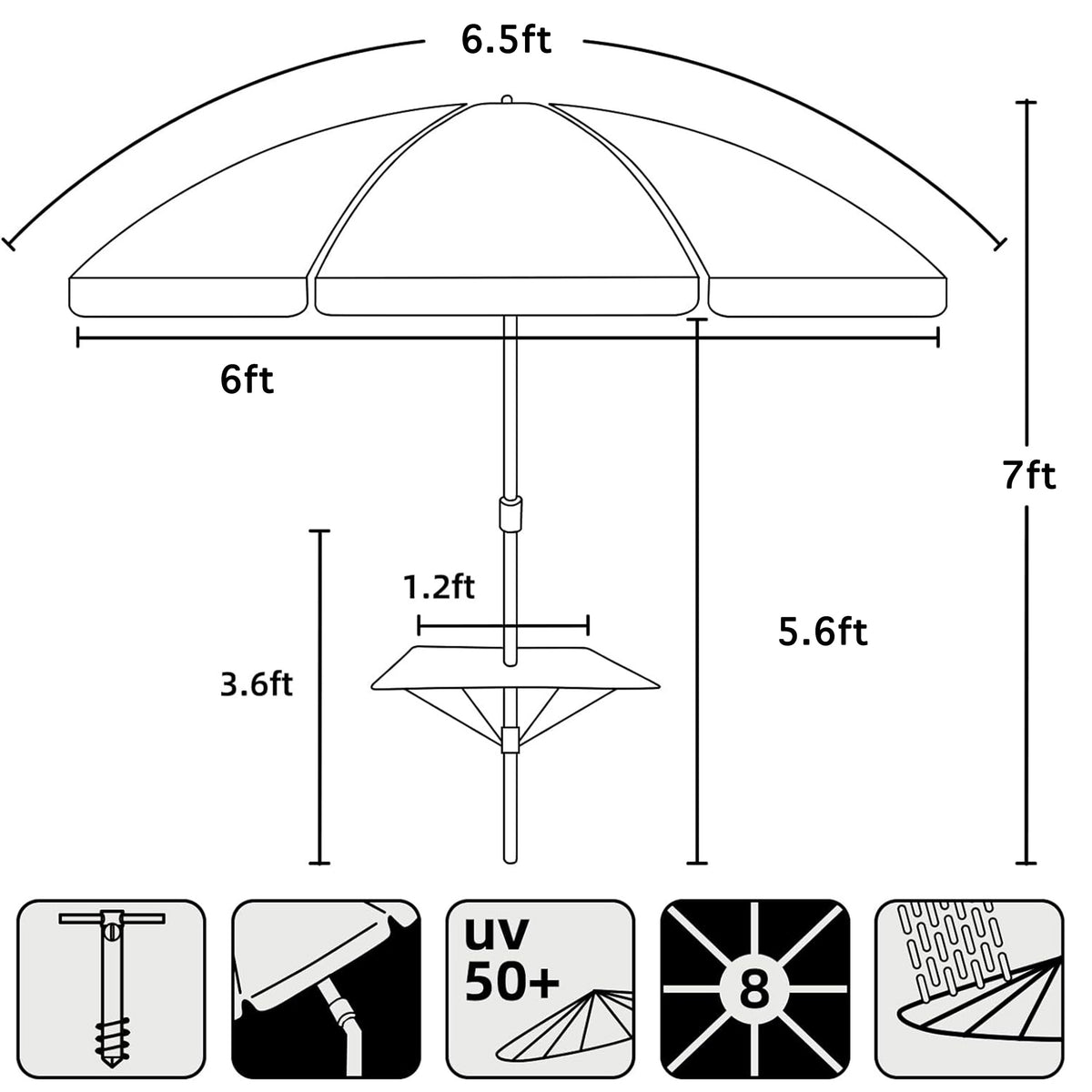 6.5ft Beach Umbrella with Sand Anchor C951