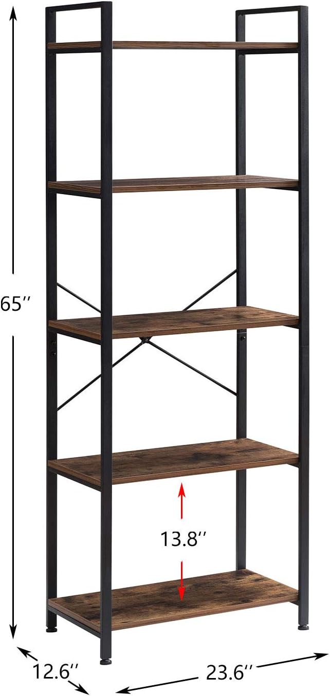 5-Tier Industrial Retro Brown Wood and Metal Bookcase P240837