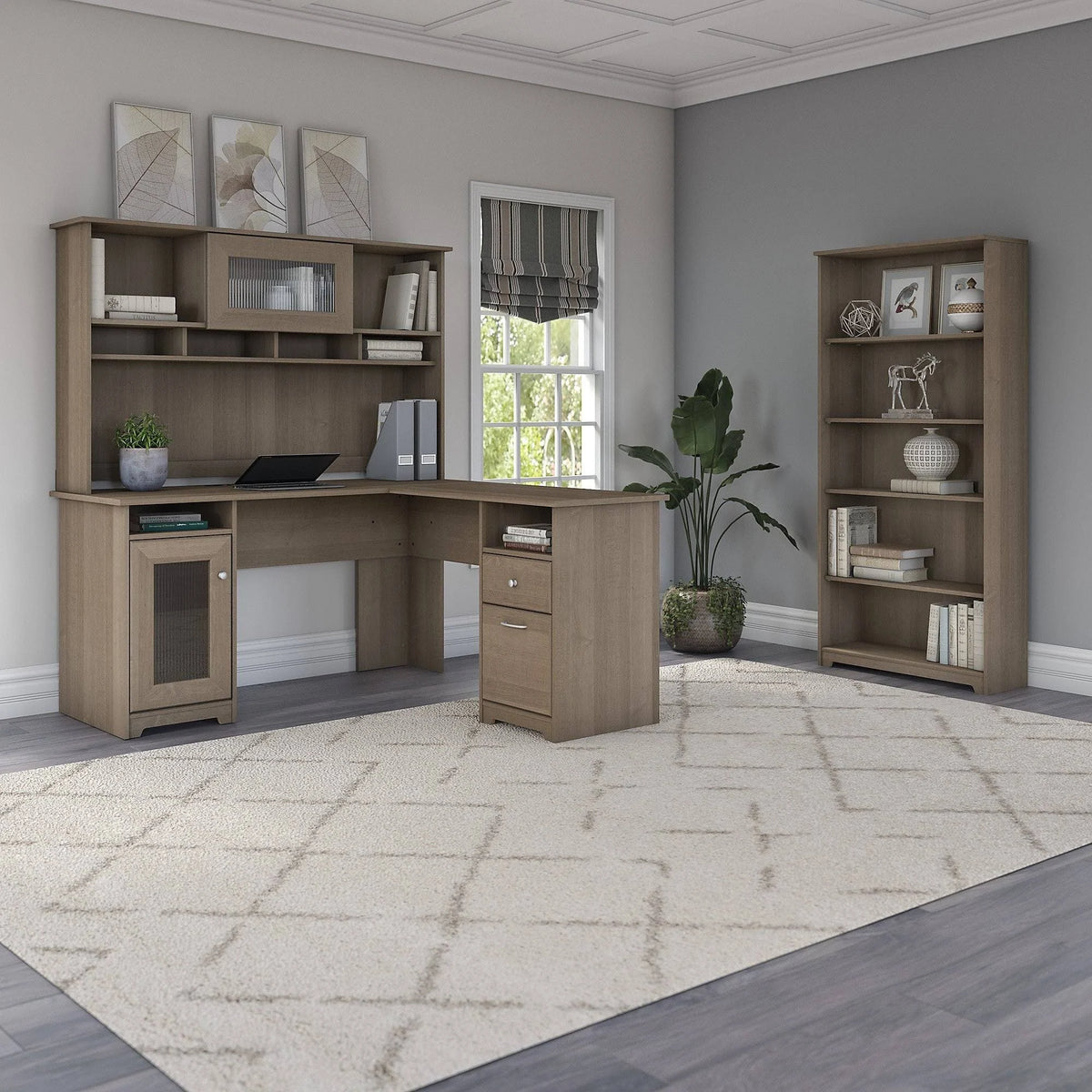 L-shaped Desk with 5-Shelf Bookcase and Hutch U42641