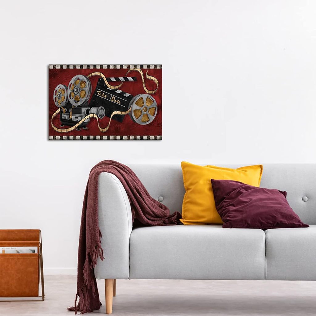 Large Black and Red Canvas Painting Movie Projector Film Reels Artwork Ready to Hang Z113266
