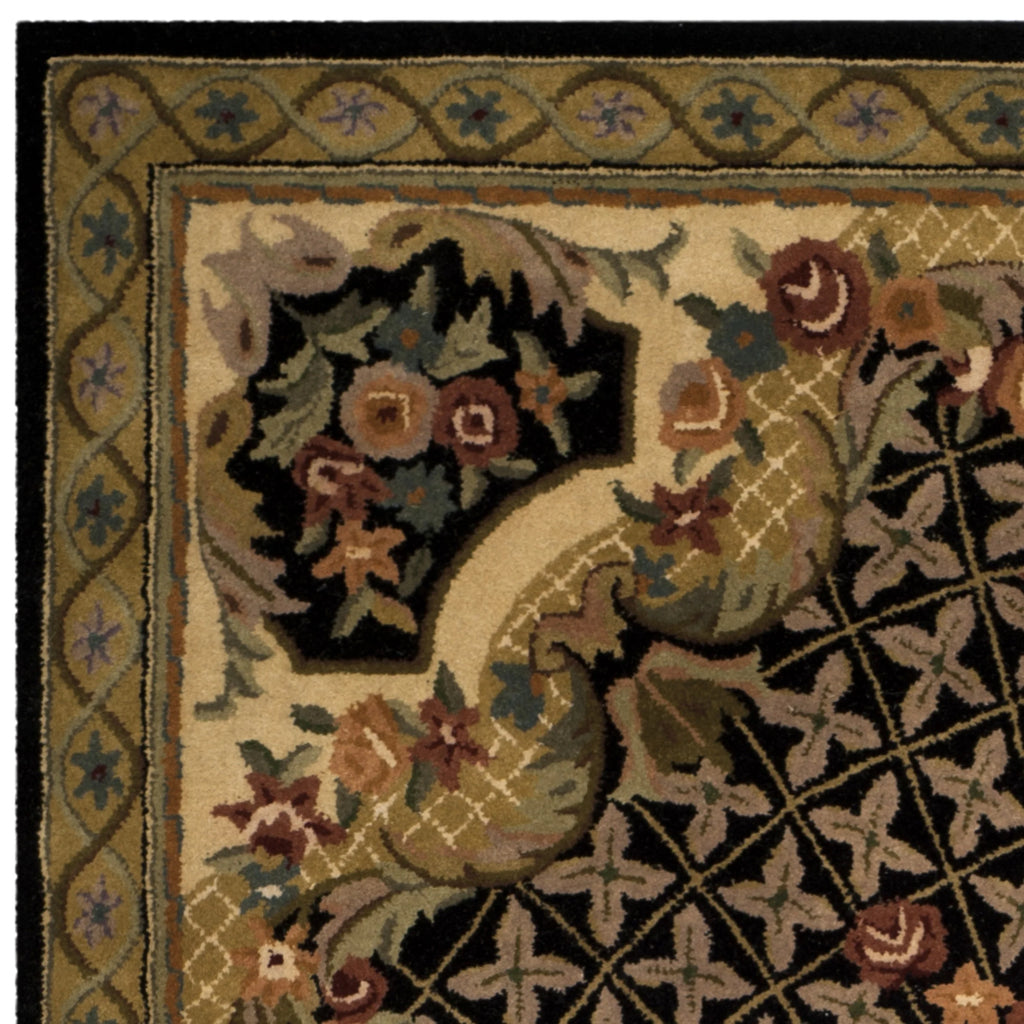 Floral Bordered Wool Area Rug, Black/Gold, 7'6" x 9'6" Y907