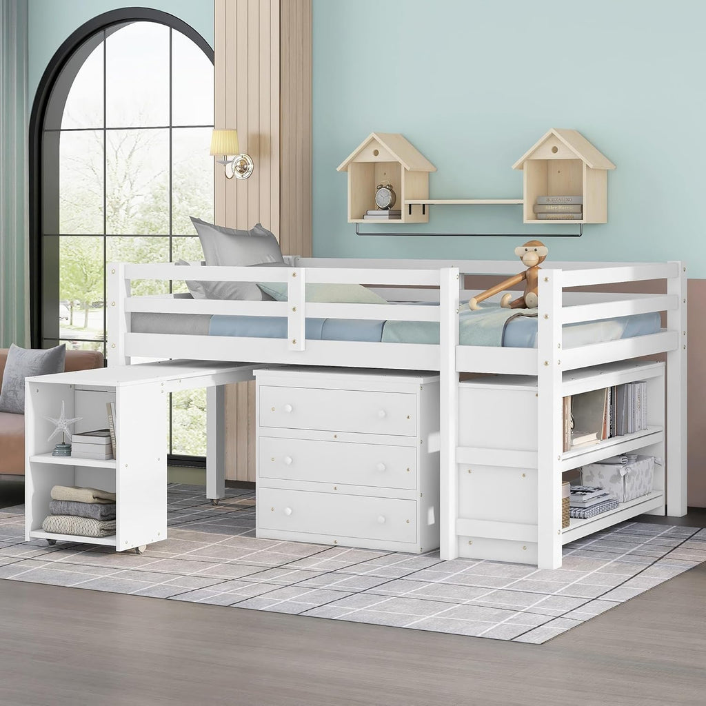 White Full Size Low Loft Bed with Cabinet Shelves and Rolling Portable Desk MDF Pine Z69644