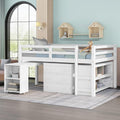 White Full Size Low Loft Bed with Cabinet Shelves and Rolling Portable Desk MDF Pine Z69644