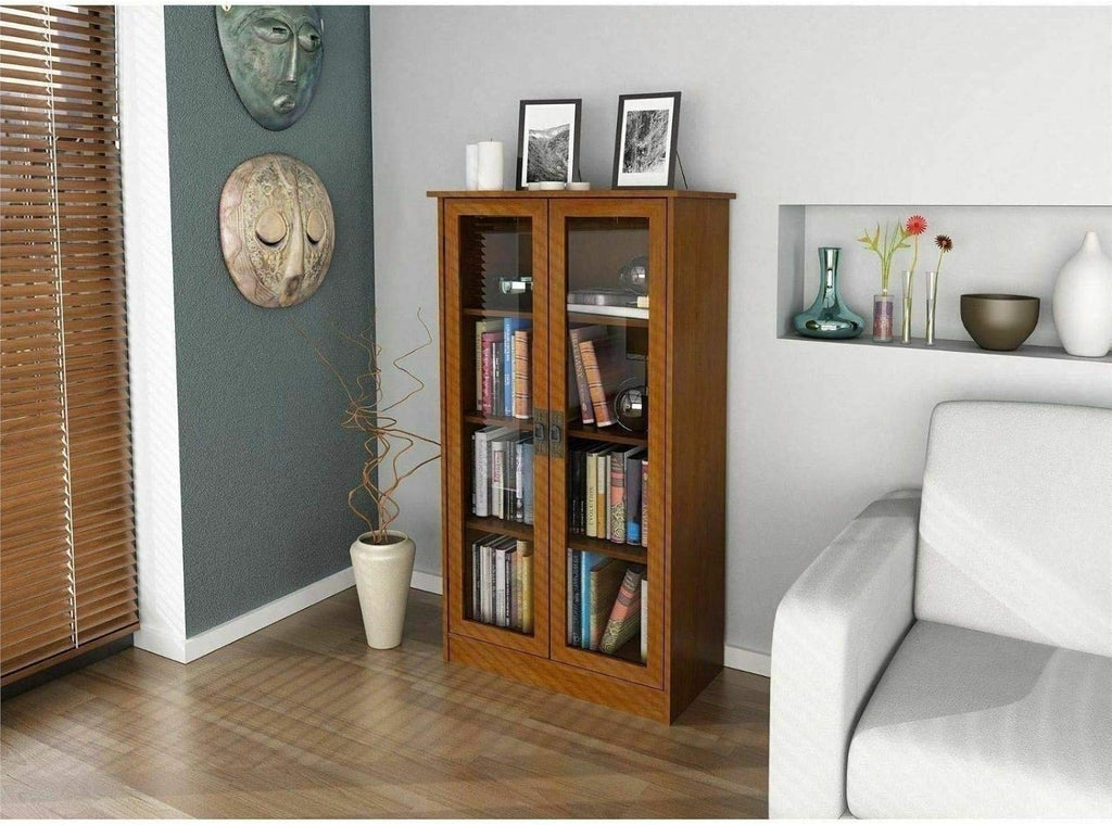 Cherry Finish Wooden Glass Door Bookcase with 2 Adjustable Shelves V2474