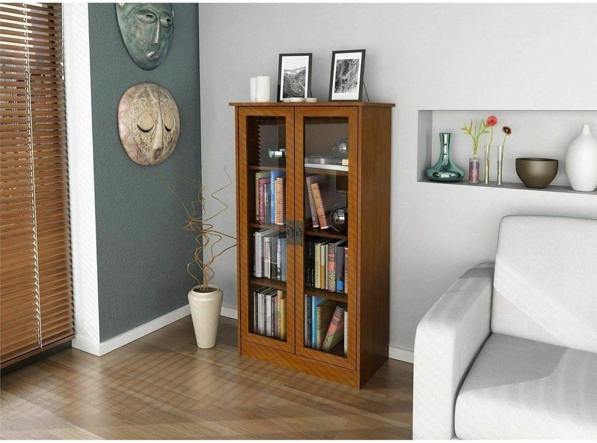 Cherry Finish Wooden Glass Door Bookcase with 2 Adjustable Shelves V2474