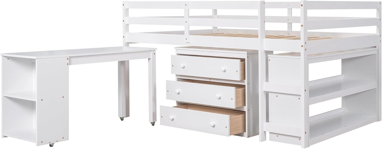 White Full Size Low Loft Bed with Cabinet Shelves and Rolling Portable Desk MDF Pine Z69644