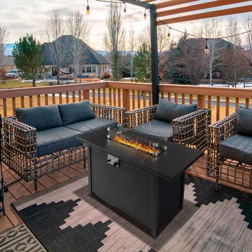 43 Inch Propane Fire Pit Table with Lid and Metal Tabletop, 50,000 BTU Gas Fire Pit Table with 6.6 Pounds Lava Stones L874