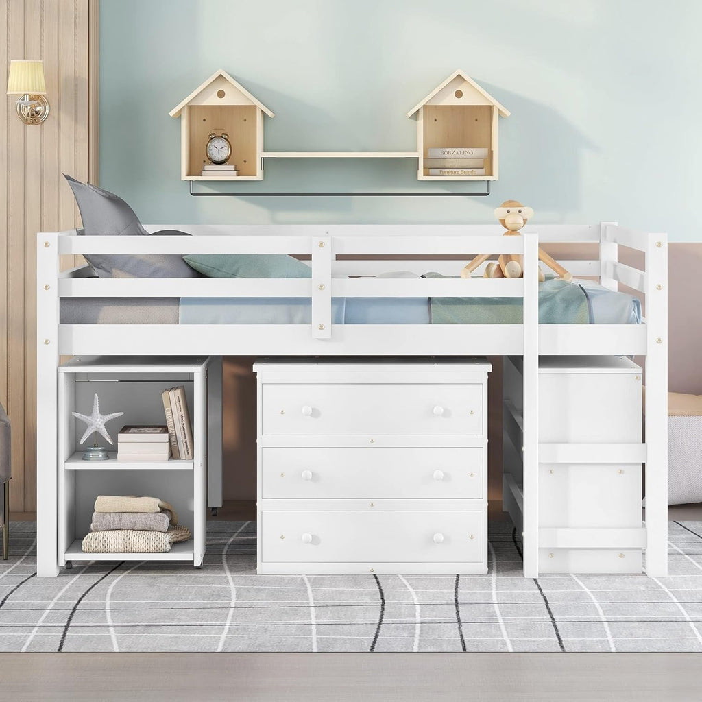 White Full Size Low Loft Bed with Cabinet Shelves and Rolling Portable Desk MDF Pine Z69644