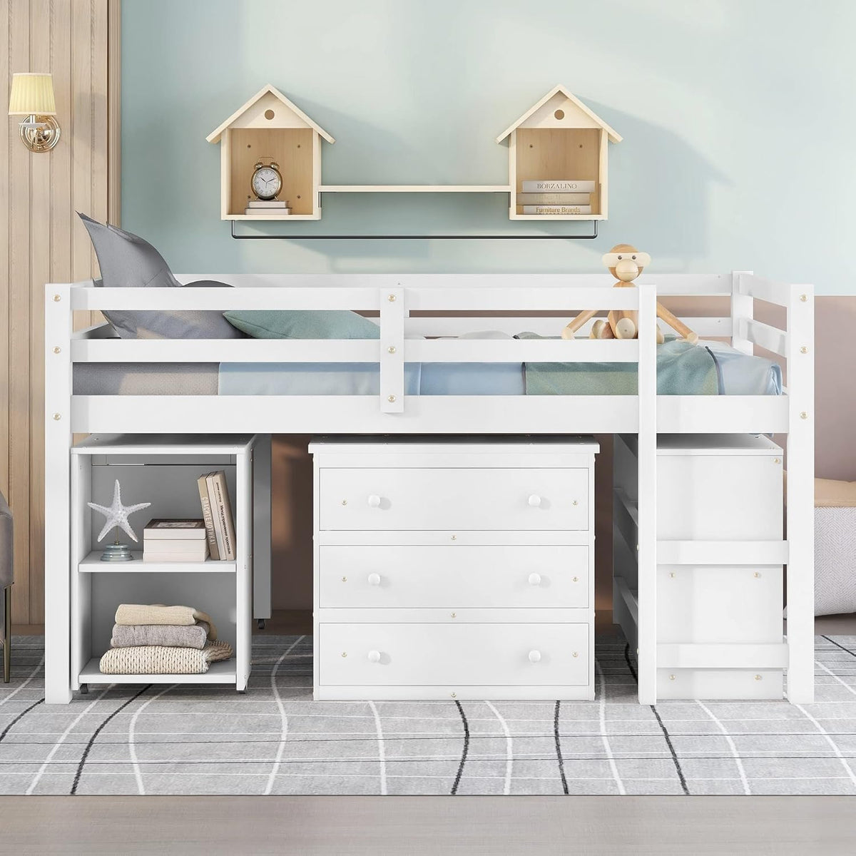 White Full Size Low Loft Bed with Cabinet Shelves and Rolling Portable Desk MDF Pine Z69644