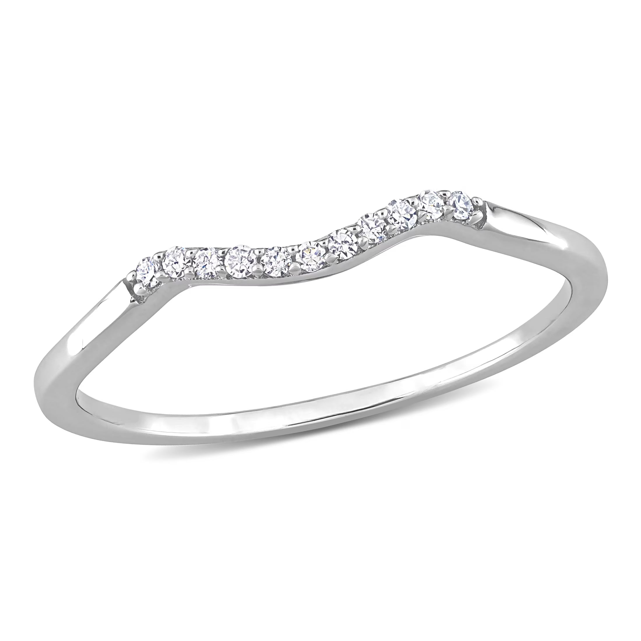 10kt White Gold Wavy Wedding Band with Shared Prong Setting Y3445