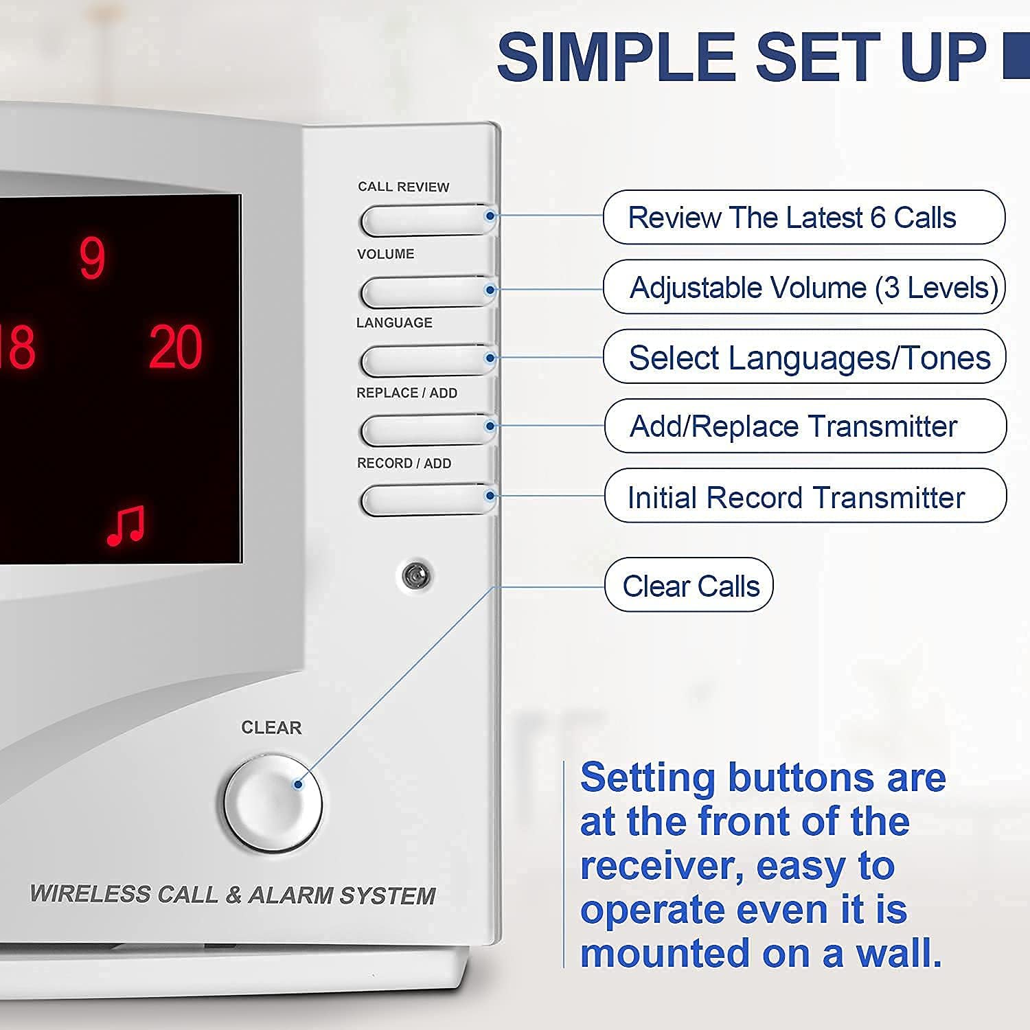 Wireless Calling System, 10 Waterproof Call Buttons with 1 Monitoring Unit, White Y3076