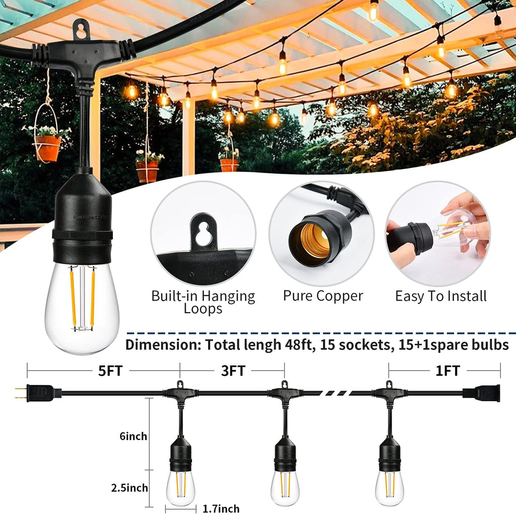 2 Pack 48FT LED Outdoor String Lights with 2W Dimmable Edison Shatterproof Plastic Bulbs H8126