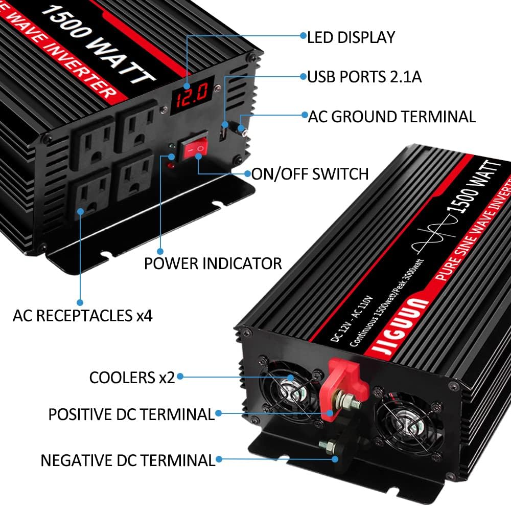 Pure Sine Wave Inverter 1500 Watt DC 12V to AC 120V with LCD, 4 AC Outlets & USB Output, 170ft Wireless Control C385
