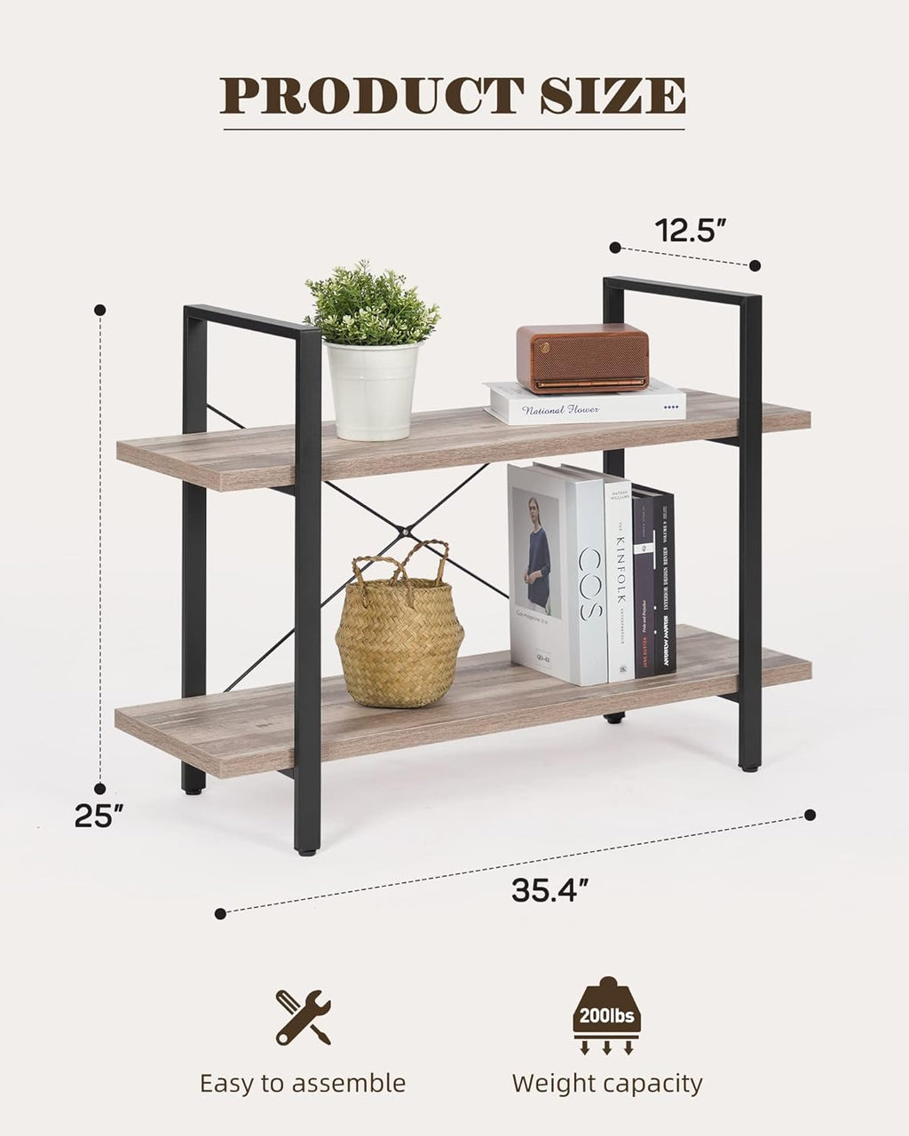 Industrial 2-Tier Wood and Metal Bookcase K825