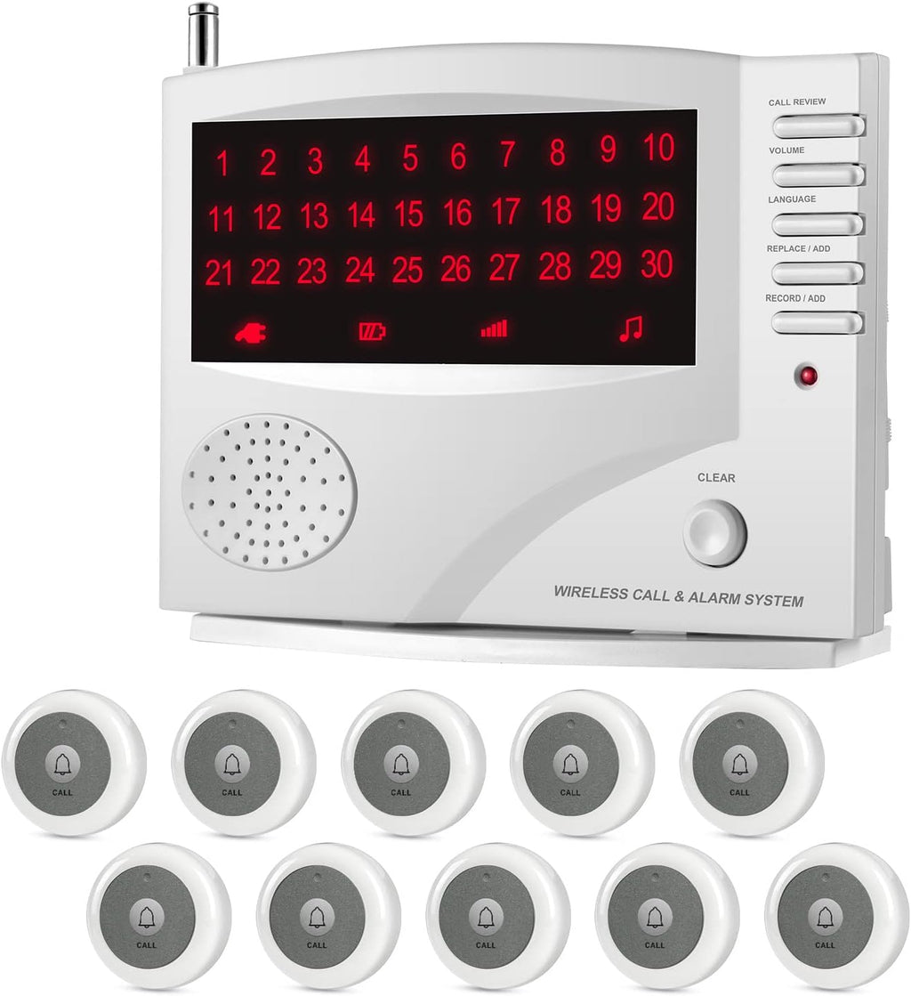 Wireless Calling System, 10 Waterproof Call Buttons with 1 Monitoring Unit, White Y3076