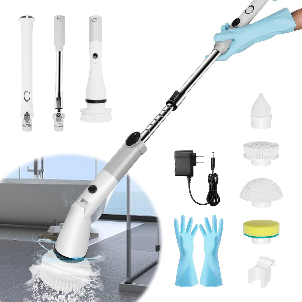 Electric Spin Scrubber with Adjustable Extension Handle & 4 Replaceable Brush Heads S9240