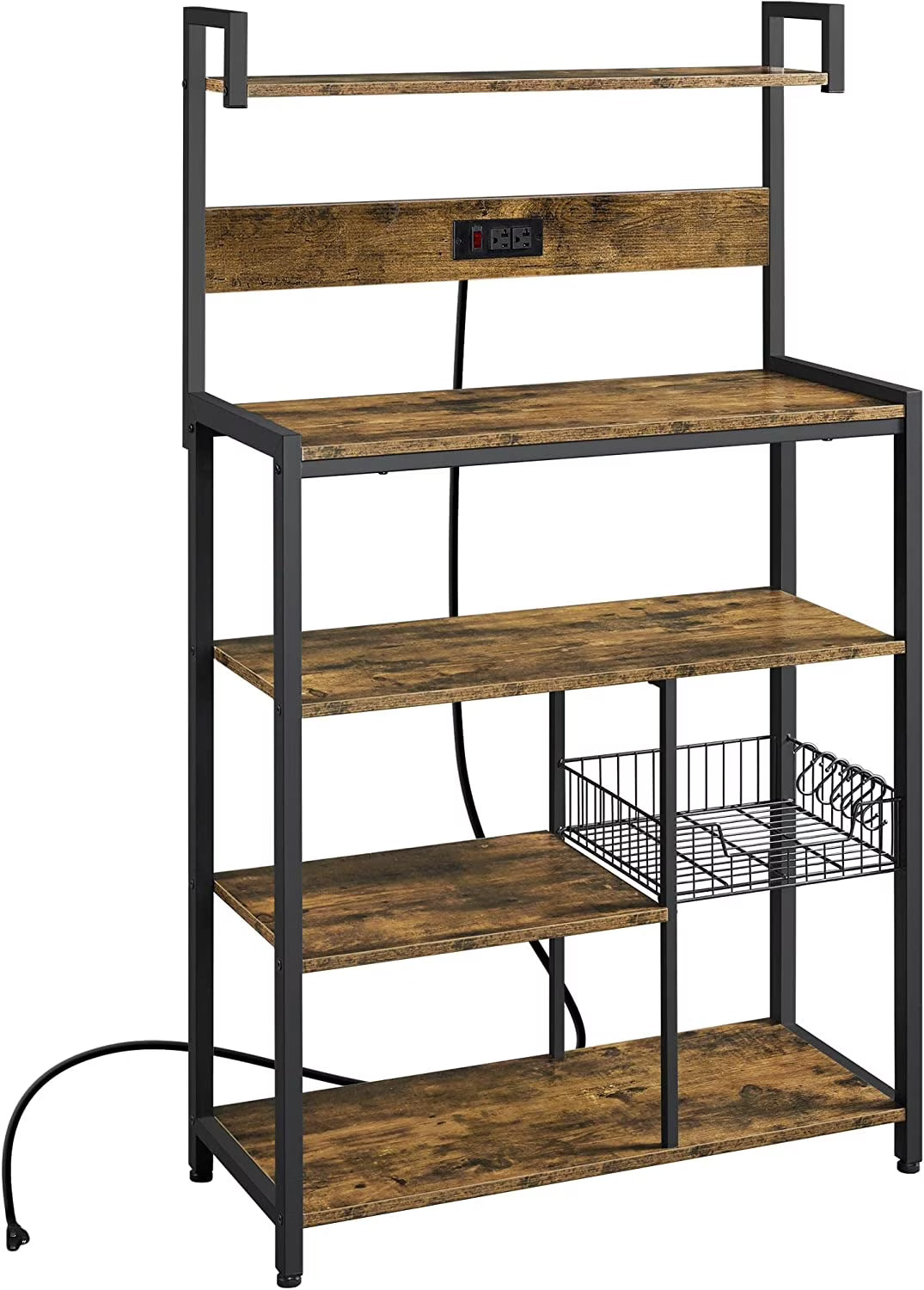 Rustic Brown 5-Tier Bakers Rack with Power Outlet N449
