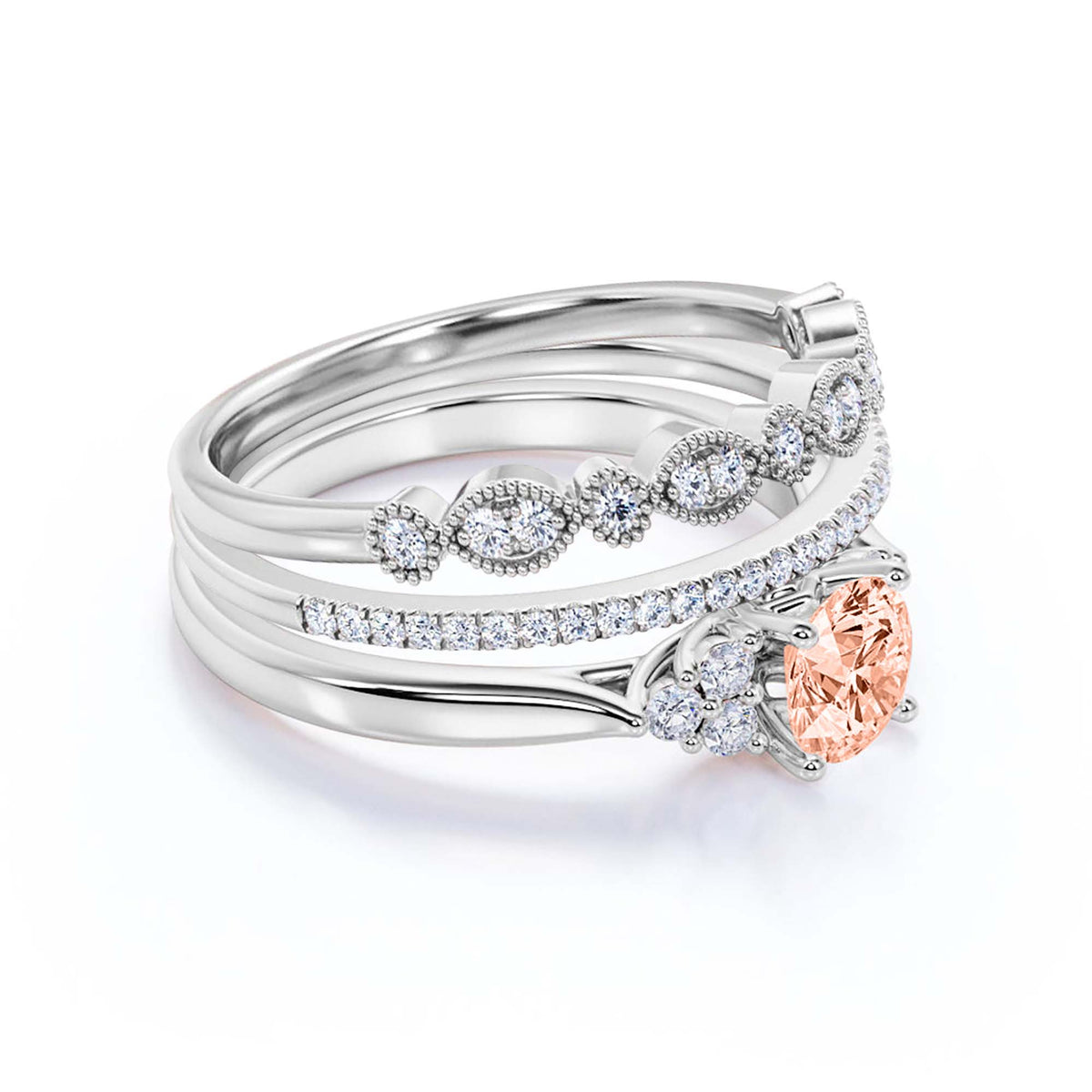 2.25 Carat Round Cut Morganite And Diamond Moissanite Engagement Ring in 10k Solid White Gold Z504