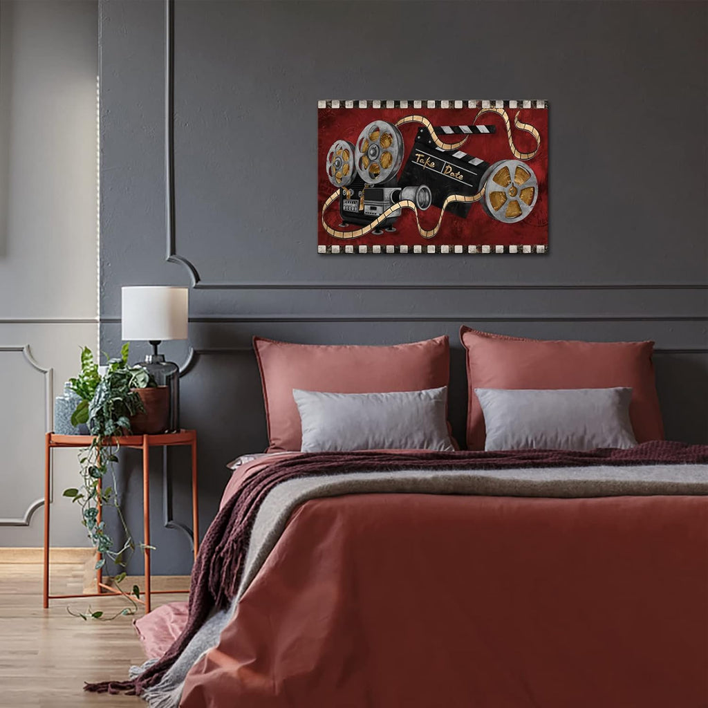 Large Black and Red Canvas Painting Movie Projector Film Reels Artwork Ready to Hang Z113266