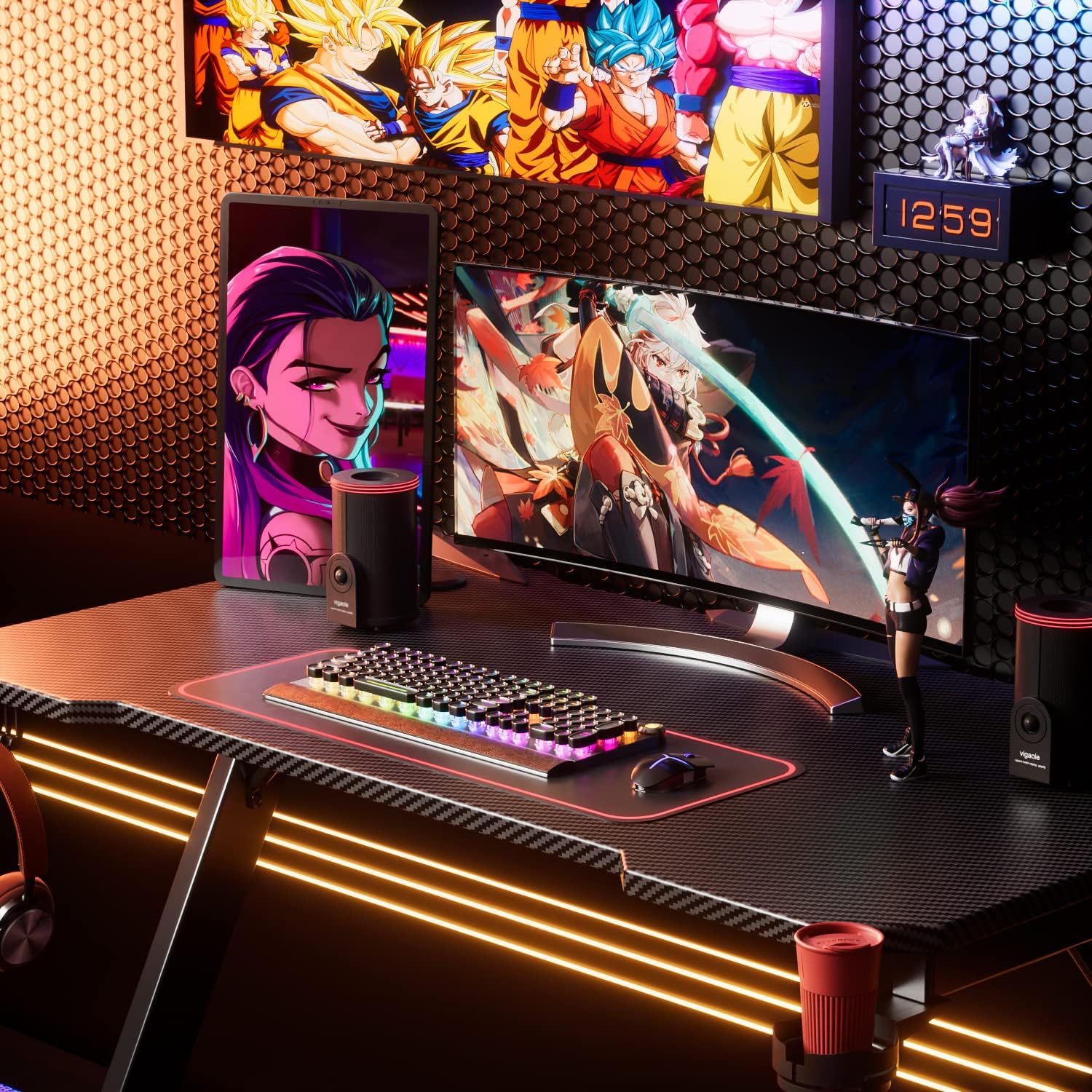 Black 44 Inch Gaming Desk with Cup Holder and Headphone Hook D328