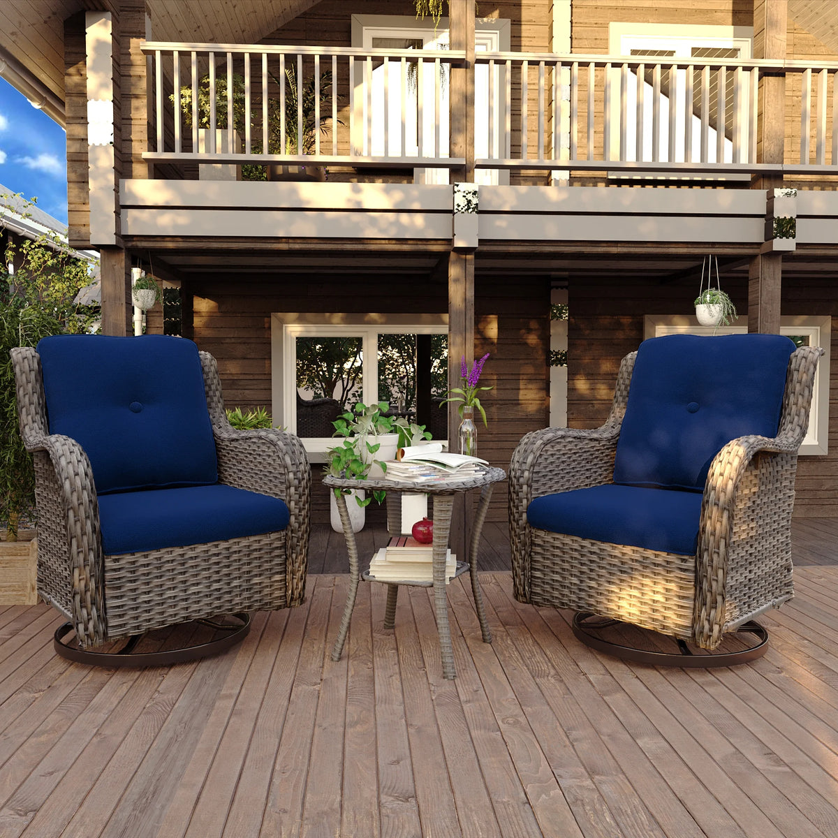 Blue Wicker Patio Swivel Rocker Chairs Set of 2 with Table J733398