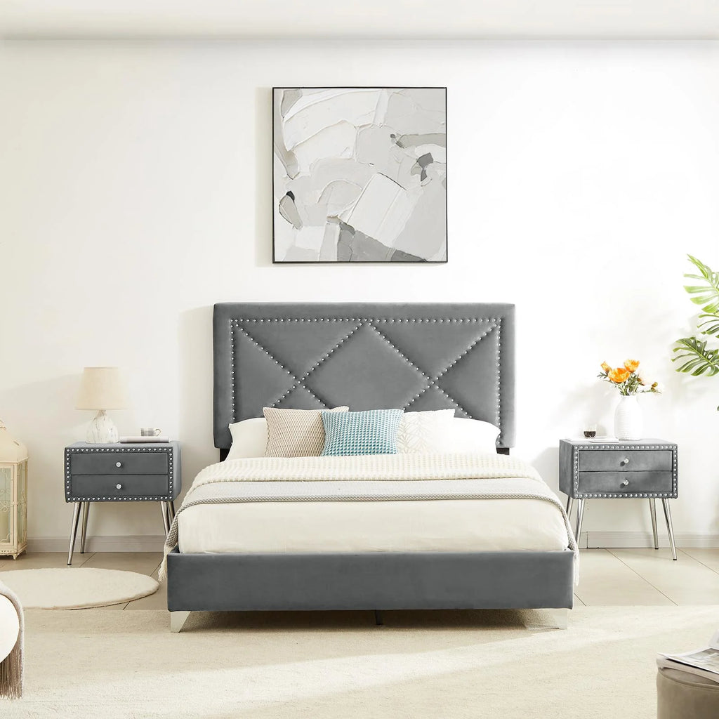 Gray Velvet Nightstand with 2 Drawers and Metal Legs V55780
