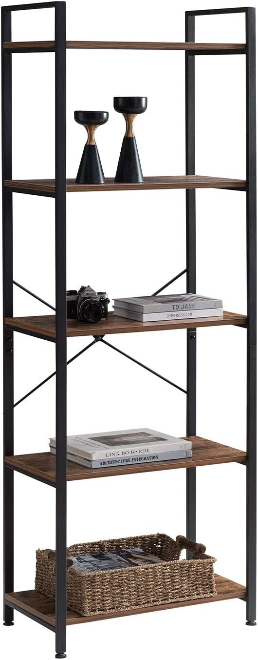 5-Tier Industrial Retro Brown Wood and Metal Bookcase P240837