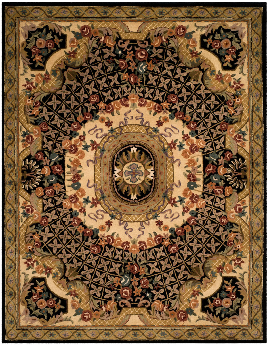 Floral Bordered Wool Area Rug, Black/Gold, 7'6" x 9'6" Y907