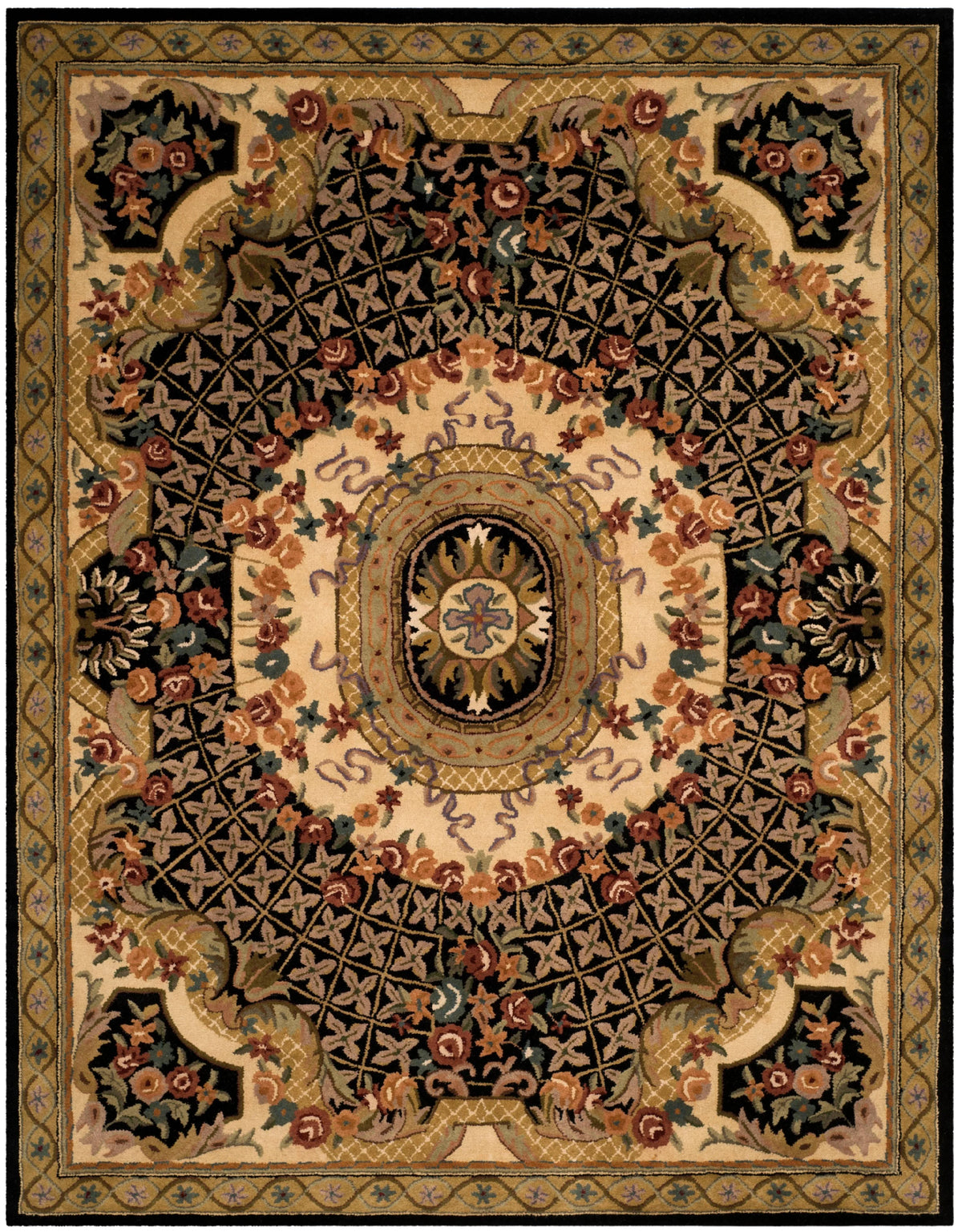 Floral Bordered Wool Area Rug, Black/Gold, 7'6" x 9'6" Y907