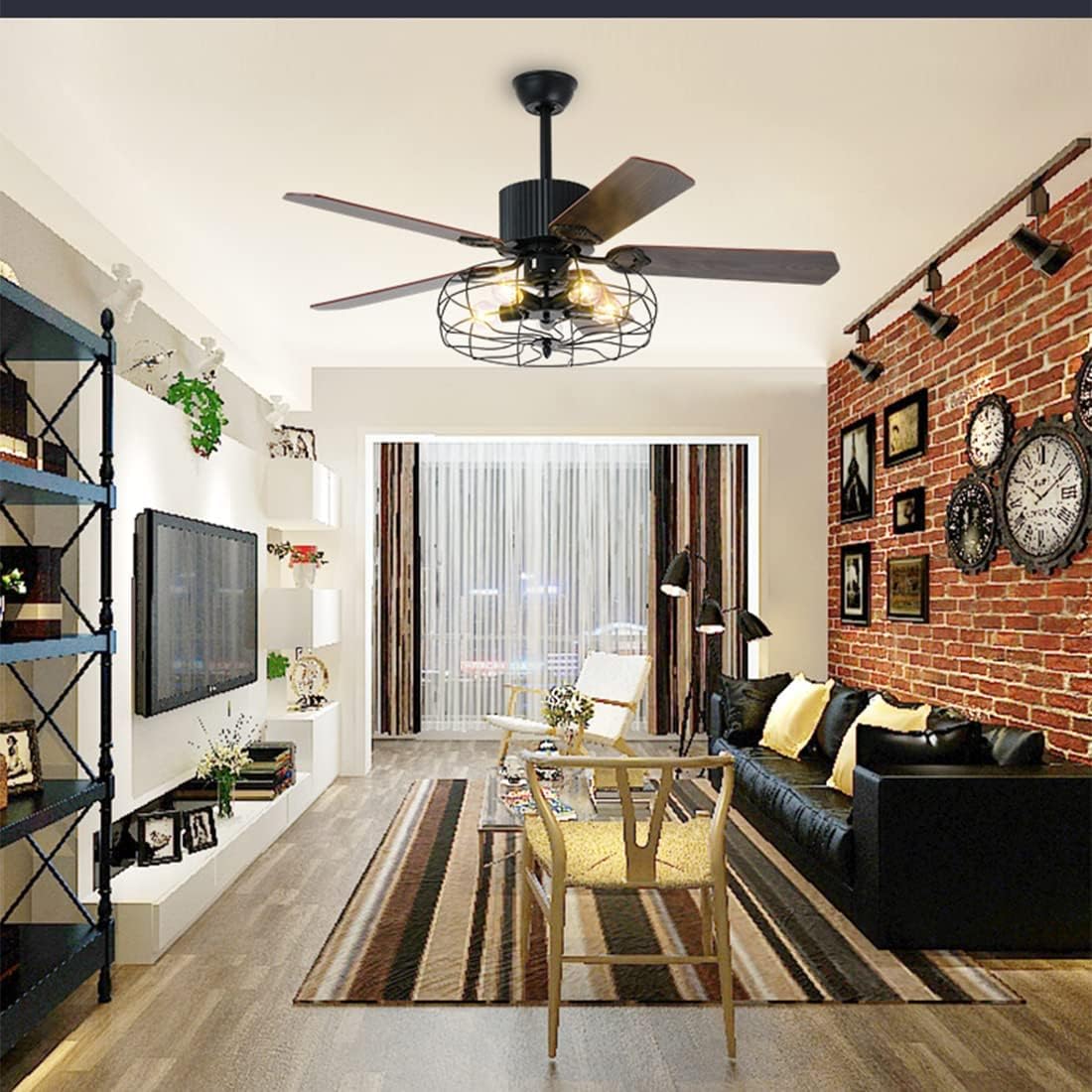 Black Industrial Ceiling Fan with Light and Remote, 5 Wood Blades, 5-Lights E26 B75632