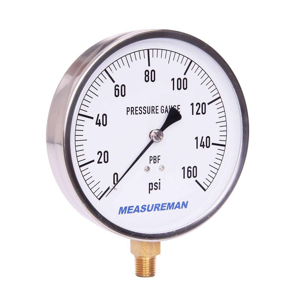 304 Stainless Steel Case Pressure Gauge, 0-200Psi, 4-1/2 Dial Size, 1/4 NPT Lower Mount C7686