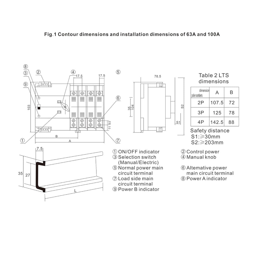 Mini ATS 2P Automatic Transfer Switch Dual Power Switch Din Rail Type 63A 100A E647575
