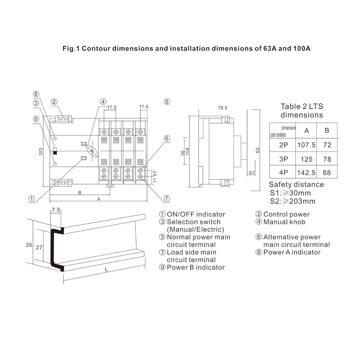 Mini ATS 2P Automatic Transfer Switch Dual Power Switch Din Rail Type 63A 100A E647575
