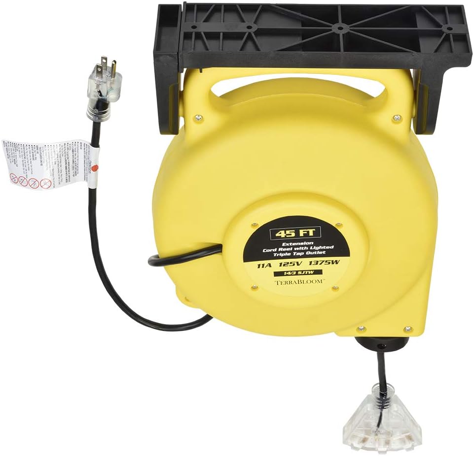 45 Ft Retractable Extension Cord Reel with 3 Electrical Outlets Heavy Duty Yellow Case Black Cable W974283