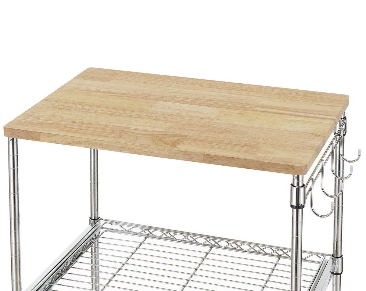 3-Tier Wire Rolling Kitchen Cart with Oak Cutting Board and Chrome C60512