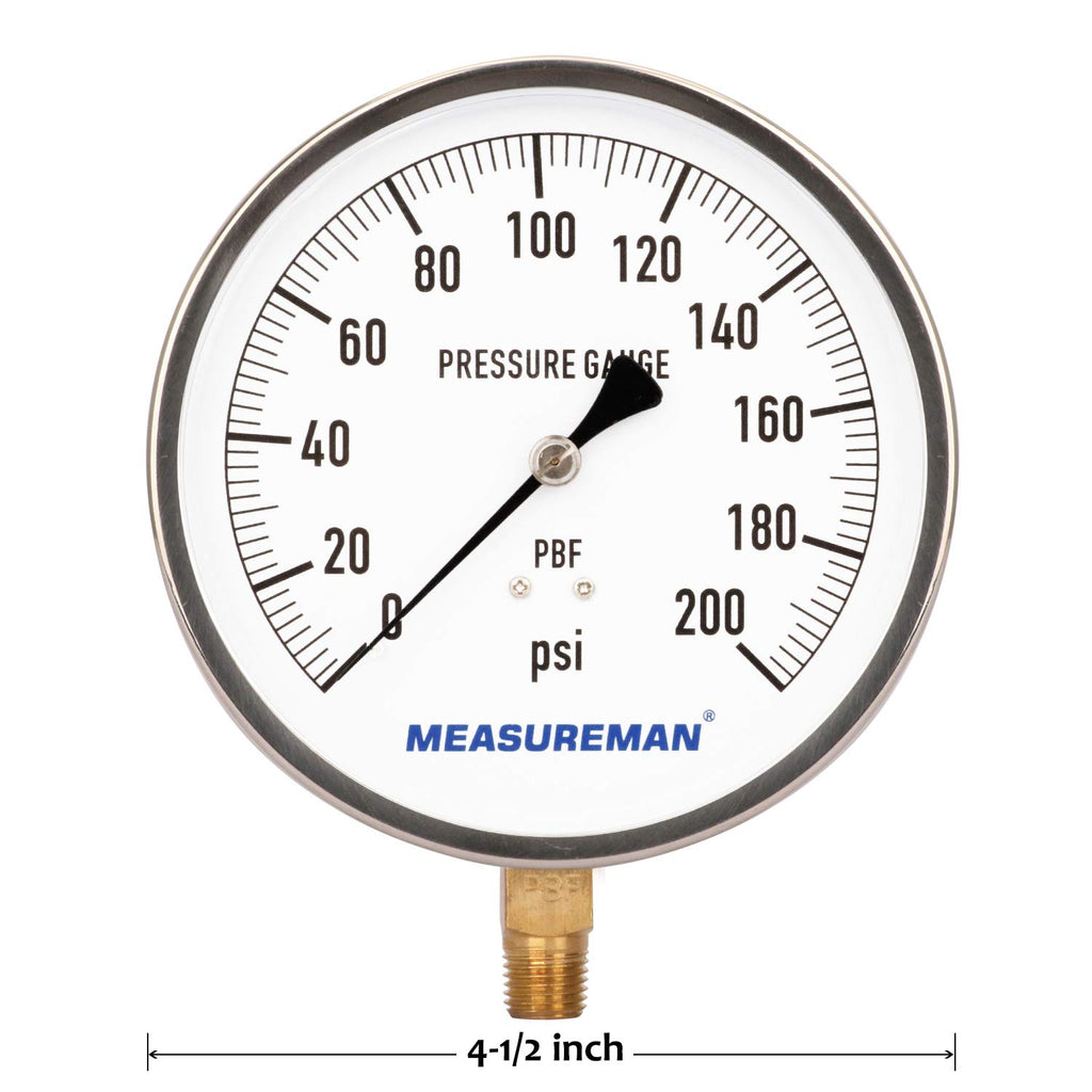 304 Stainless Steel Case Pressure Gauge, 0-200Psi, 4-1/2 Dial Size, 1/4 NPT Lower Mount C7686