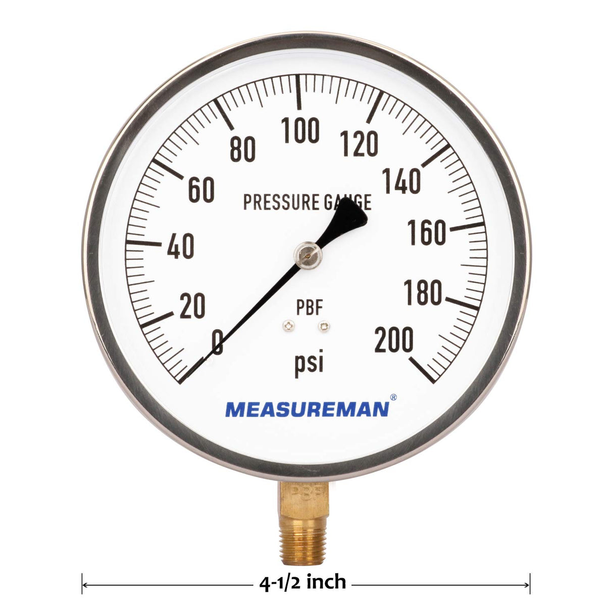 304 Stainless Steel Case Pressure Gauge, 0-200Psi, 4-1/2 Dial Size, 1/4 NPT Lower Mount C7686