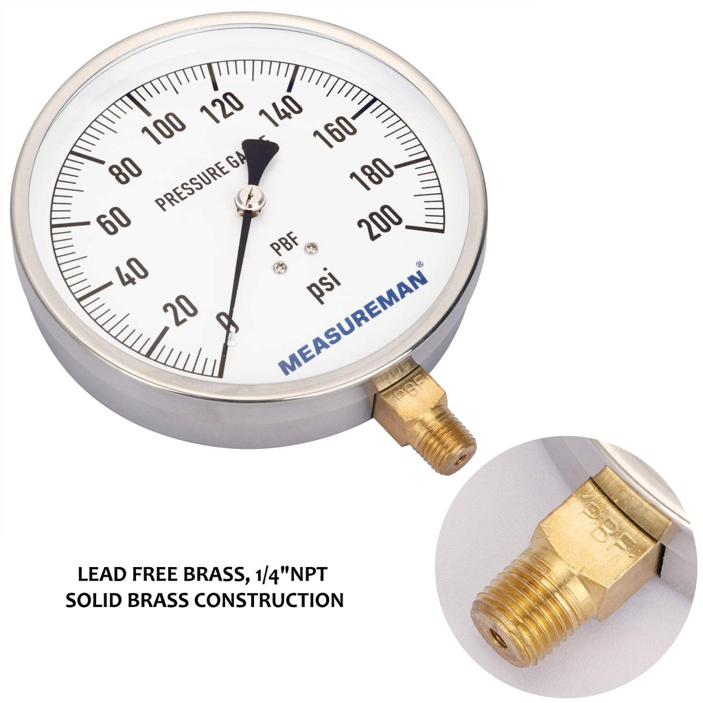 304 Stainless Steel Case Pressure Gauge, 0-200Psi, 4-1/2 Dial Size, 1/4 NPT Lower Mount C7686