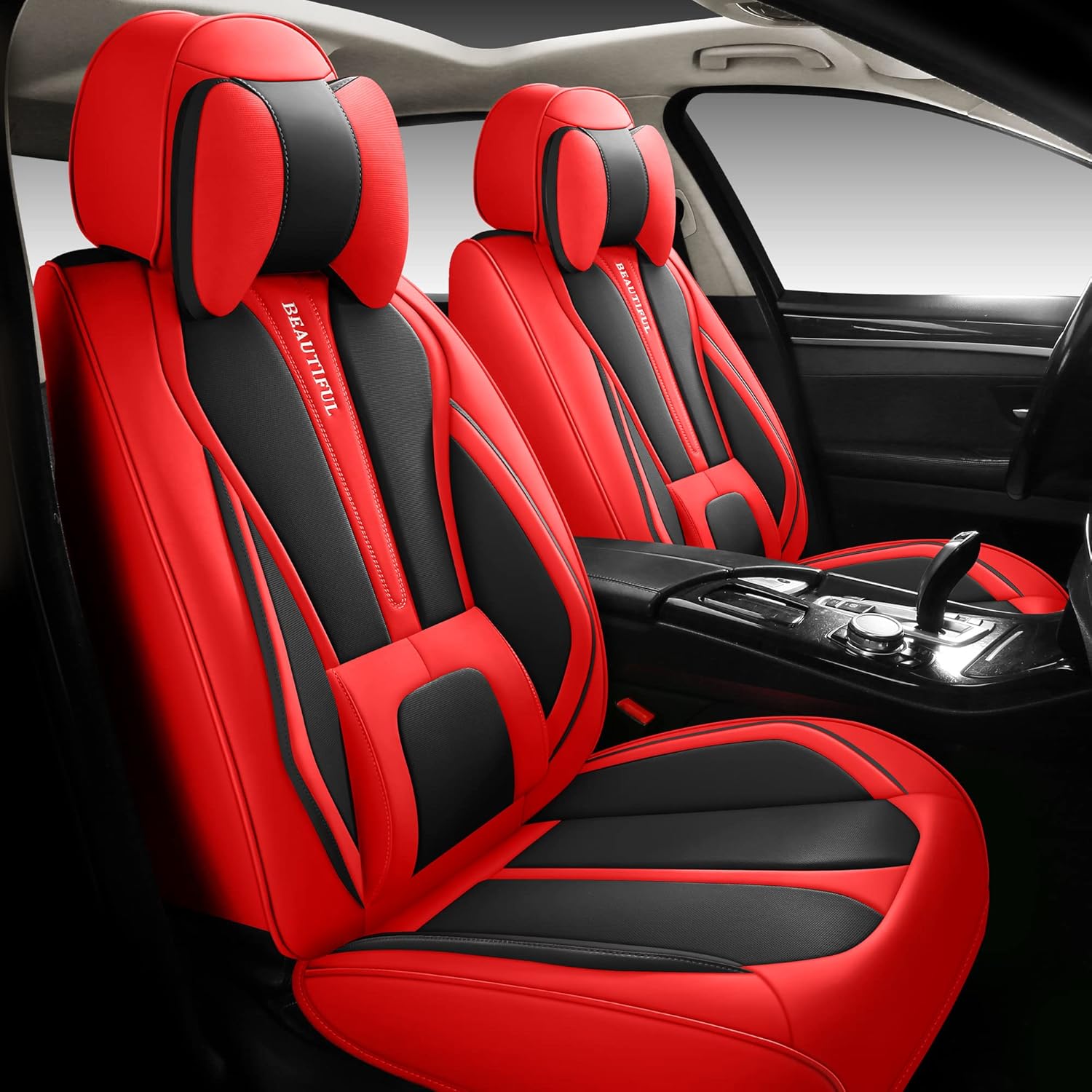 Red Leather Car Seat Covers Full Set 5 Seats P2868