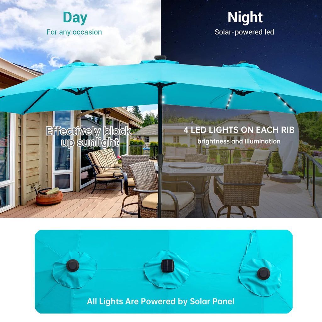 15ft Double-Sided Patio Solar Umbrella with Tilt and Crank, Blue V612