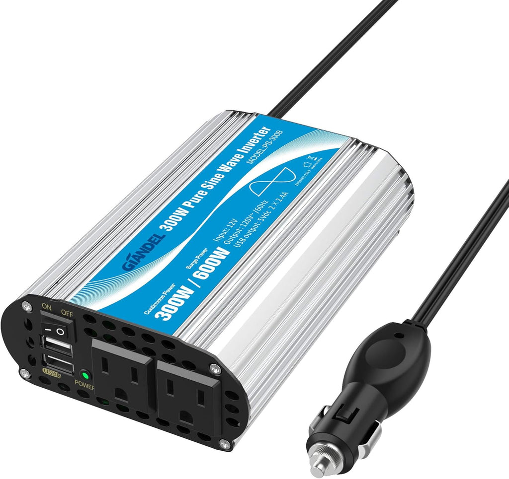 300Watt Pure Sine Wave Power Inverter 12V DC to 120V AC with 4.8A Dual USB and 2 AC Outlets G2088
