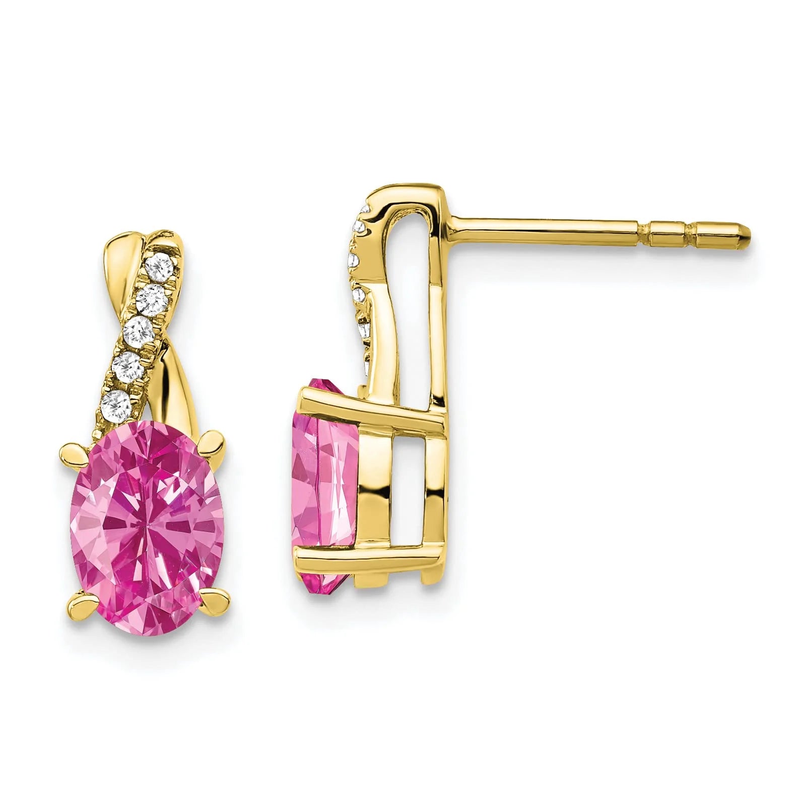 10K Yellow Gold Created Pink Sapphire and Diamond Earrings K194872