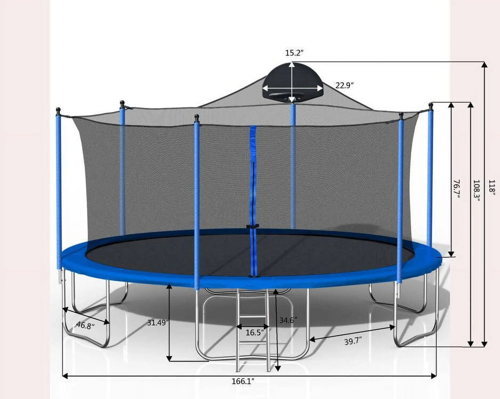 14FT Outdoor Trampoline with Basketball Hoop, Ladder and Safety Enclosure Net T321