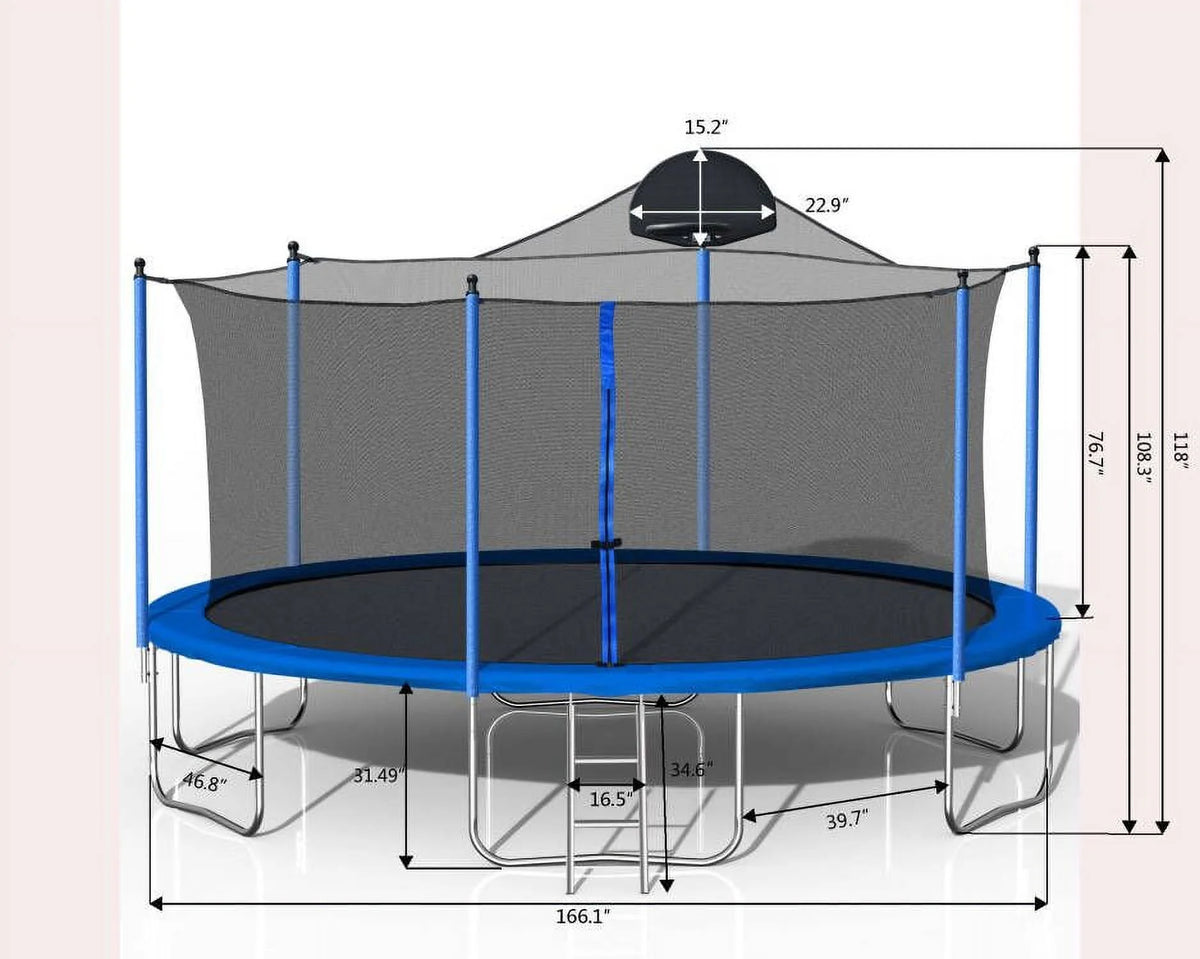 14FT Outdoor Trampoline with Basketball Hoop, Ladder and Safety Enclosure Net T321