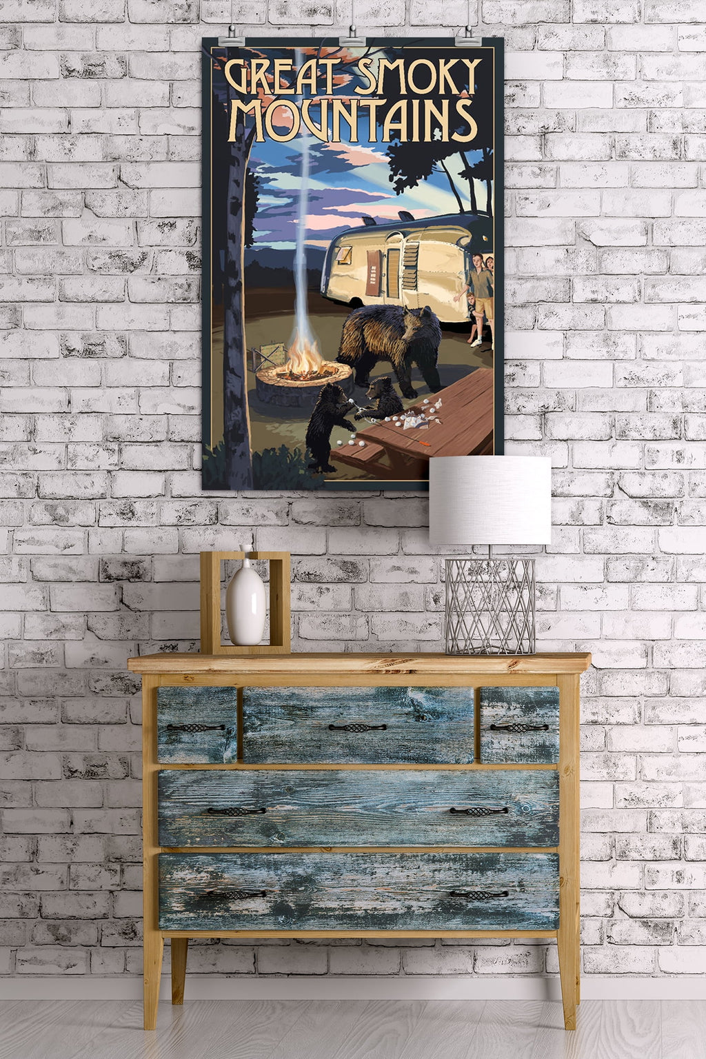 Retro Camper and Lake with Bear Family 24x36 Giclee Art Print Q8631
