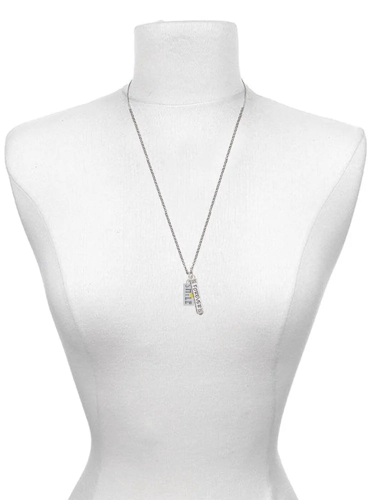 Silvertone Smile Rectangle Bar Charm Necklace, 23" V5363