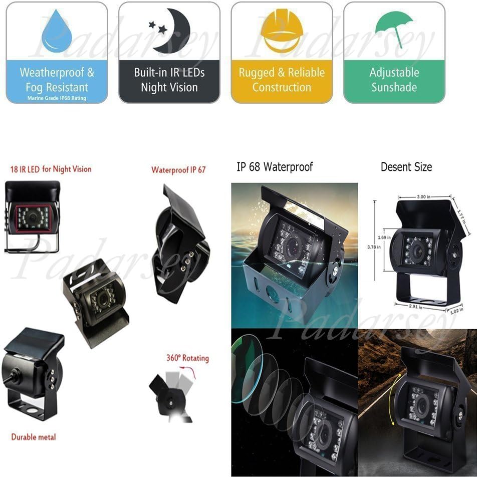 12V 24V Vehicle Backup Camera System Rear View Camera with 7 Monitor and 34 ft AV Cables R848
