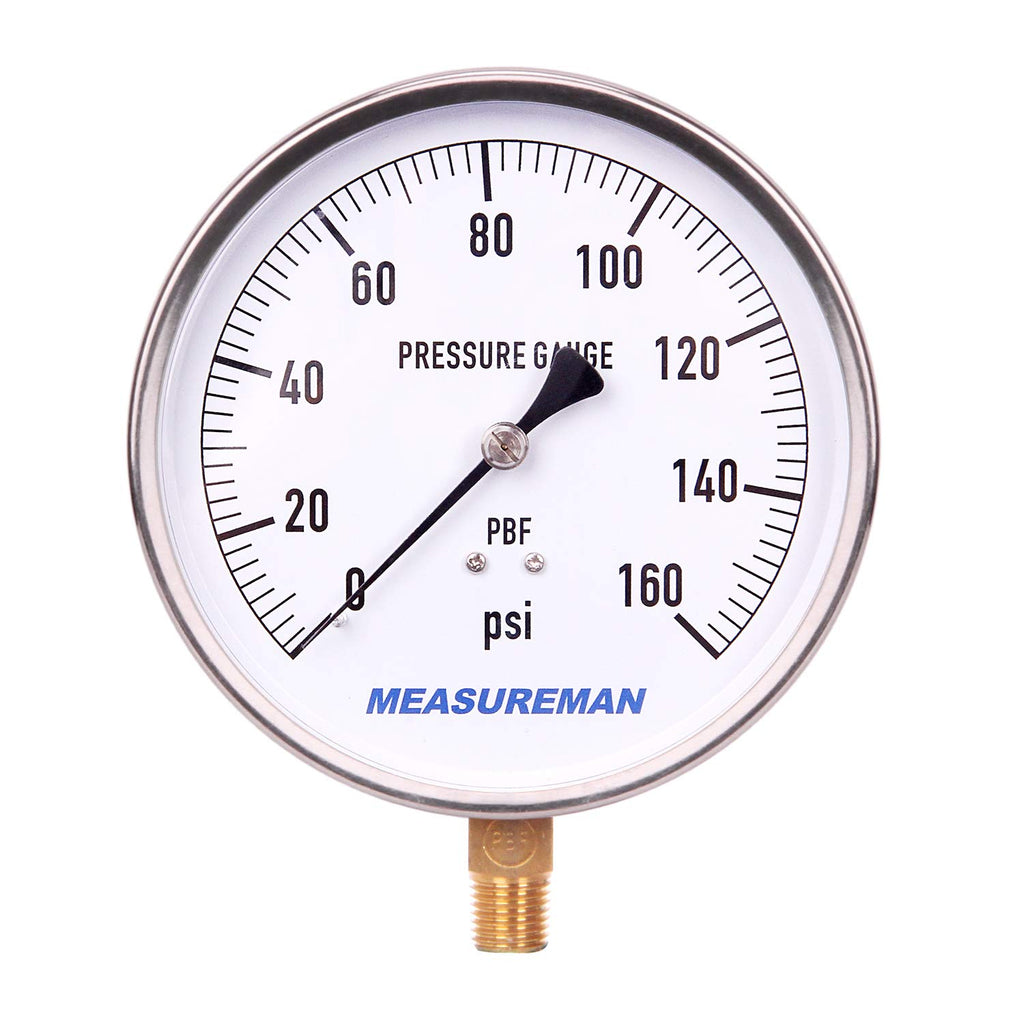 304 Stainless Steel Case Pressure Gauge, 0-200Psi, 4-1/2 Dial Size, 1/4 NPT Lower Mount C7686