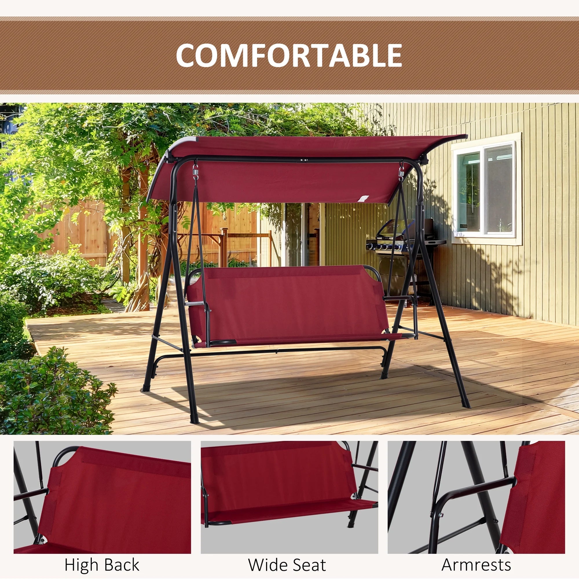 Red Steel Frame 3-Person Porch Swing with Stand E18333