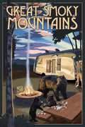 Retro Camper and Lake with Bear Family 24x36 Giclee Art Print Q8631